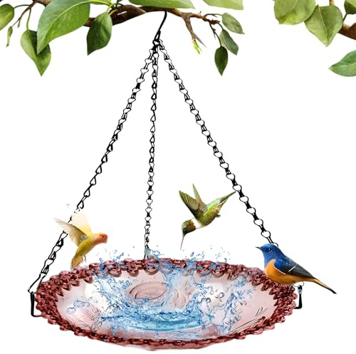 Vogeltränke zum Aufhängen mit Futterspender - Groß Frostsicher Winterfest für Balkongeländer und Garten, Hängendes Vogelbad für Wildvögel im Garten (Rot)