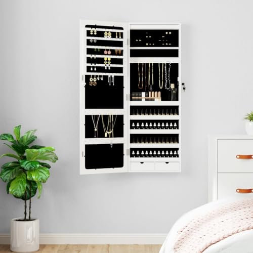 AUUIJKJF Home Outdoor OthersMirror Schmuckschrank mit LED-Lichtern, Wandmontage, Weiß