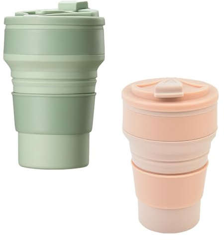 NUWIQ 2 Stück 500ML Faltbare Becher, Tragbare Tasse Silikon für die Verwendung in Mikrowellenherden, Bpa-Frei Faltbarer Kaffeebecher für Picknick, Camping, Wandern, Reisen, Grün und Rosa