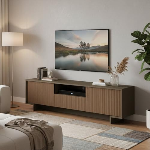 Dmora - Meuble TV Andromeda, Meuble TV pour salon, Buffet bas de salon avec 2 portes et 1 tiroir, 100% Made in Italy, 170x42h48 cm, Marron et Noyer