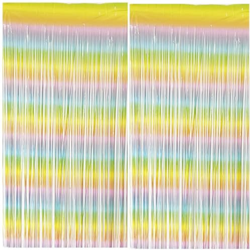 KARLOR 2 Pcs 300x100cm Regenbogen Vorhang Party Deko Lametta Macaron Rainbow Vorhang Girlande Party Geburtstagsdeko Folie Fransen Vorhang Hintergrund Wand Luftschlangen Deko Karneval Hochzeit Deko