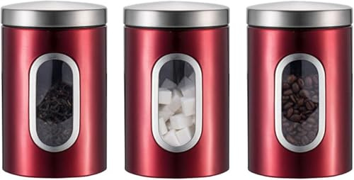 Shilanmei Tea Coffee Sugar Canisters of 3 Set Stainless Steel Storage Jars | Kitchen Canisters View Window ,Airtight Stainless Steel Jars Ideal for Flour Spices Grains ,Nuts Red