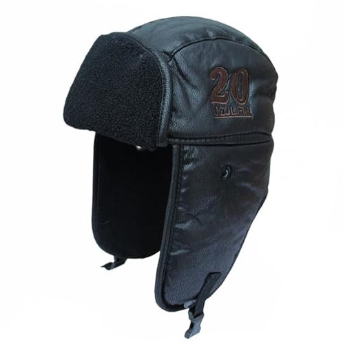 GIBZ Unisex Vintage Trappermütze mit Plüschfutter, Fliegermütze aus Leder mit Ohrenklappen, 2 in 1 Wintermütze für Außenbereich, Schwarz