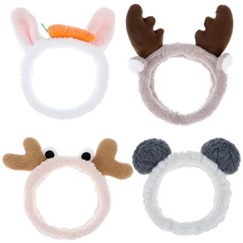 4 Stück Haarband zum Schminken - Niedliches Tier Gesicht Waschen Stirnband aus Weiches Korallenfleece für Damen Sport, Kosmetik, Spa, Make-up, Hautpflege
