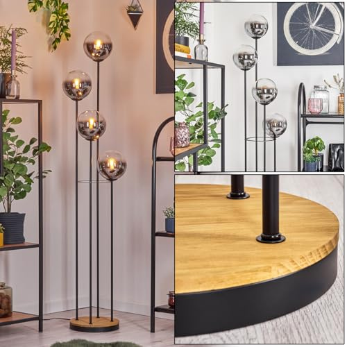 HOFSTEIN Stehleuchte Gastor, Stehlampe aus Metall/Holz/Glas in Schwarz/Dunkelbraun/Chrom/Rauch/Klar, Leuchte im Retro/Vintage-Design (Ø 15 cm), Fußschalter, 148 cm, E14, Wohnzimmer, Schlafzimmer, Flur