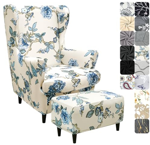Alishomtll 3 Teilig Ohrensessel Überzug Mit Ottomane Schonbezug Stretch Sessel-Überwürfe Elastisch Sesselhusse Strandmon Tiger Stuhlbezug mit Armlehne Hohe Rückenlehne Universal (Blau Blumen)