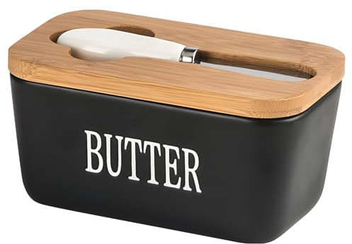 Beurrier en Porcelaine, Grand Récipient à Beurre Multifonctionnel Avec Couvercle en Bois et Couteau en Acier Inoxydable pour Placer du Beurre du Fromage Fruit Salade, 500ML