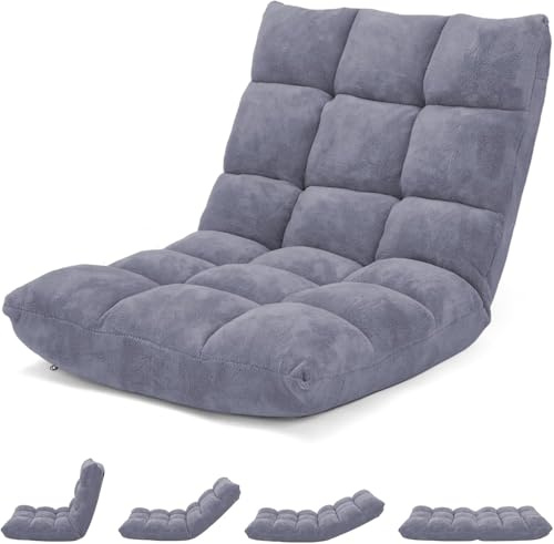 FANTASK Silla de Suelo con Respaldo Ajustable en Color Gris, cojín de Suelo Plegable, Silla de meditación, Silla de Suelo Acolchada, sillón de Relax para Ocio y Yoga