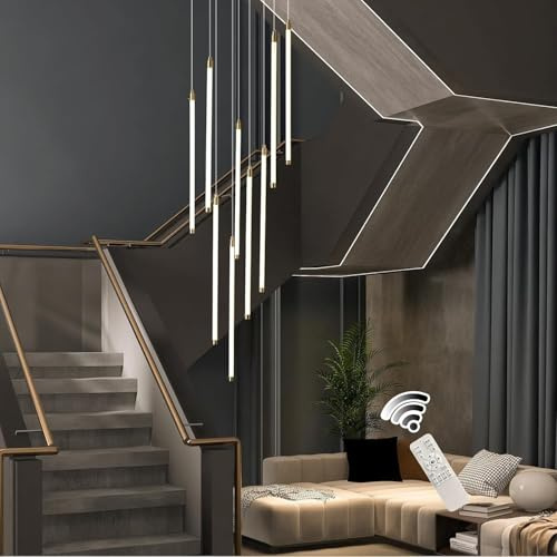 VTAMng Moderner LED Deckenleuchter mit Fernbedienung 9 Lichter Langer Foyer Kronleuchter für hohe Decken dimmbare Pendelleuchte für Eingangsbereich Treppenhaus Foyer Flur Wohnzimmer Hängelampe(Gold)