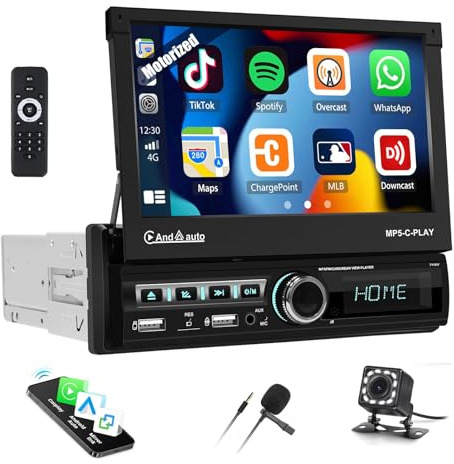 Autoradio 1 Din avec Wireless Carplay Android Anto Bluetooth 7 Pouces Écran motorisé Écran rétractable 2 USB/AUX/TF/FM Radio Mirrorlink SWC + Caméra de recul Mic Télécommande
