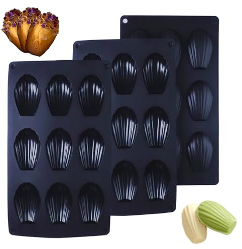 BMZXCH 3 Pezzi Stampo Madeleine Antiaderente, Stampo per Madeleine a Forma di Conchiglia, 9 Cavità Stampi per Madeleines in Silicone per Madeleine, Biscotti, Cioccolato, Caramelle, Pasticceria (Nero)
