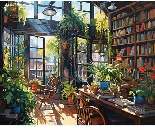 RICUVED Estantería Kit de Pintura por Números para Adultos - Paisaje Pintura por Números con Lienzo 40x50 cm, 3 Pinceles, Pinturas Acrílicas y Gancho Metálico - Ideal para Principiante