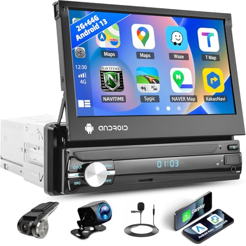 1 Din Autoradio Android 13 avec CarPlay sans Fil Android Auto Écran Tactile Rétractable 7 Pouces GPS Navi Mirror Link Bluetooth Radio FM/RDS Entrées USB/AUX, SWC+ Caméra de recul
