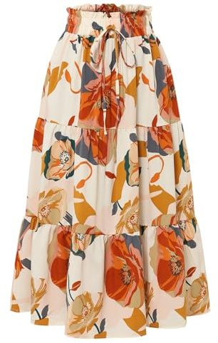 Generisch RöCke Damen Sommer Casual Flowy Hohe Taille Boho Strandrock Leicht und Luftig Floral A-Line Röcke Elegant Midi Rock (02-Orange,M)