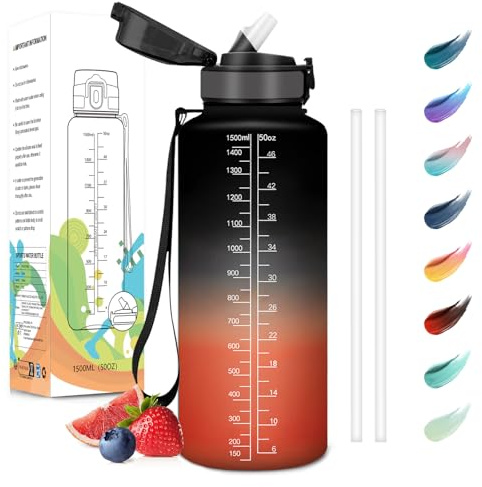 Motswedi Gourde Sport, 1500ml Anti-Fuite, Gourde avec Paille, sans BPA, Gourde Paille, Réutilisable, Gourde, Facile à Transporter, Bouteille d'eau pour Yoga, Camping, Cyclisme, Fitness, Noir Rouge