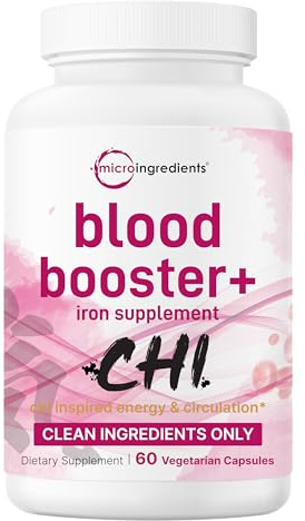 Micro Ingredients Blood Booster+ Iron Supplement, 60 Veggie Capsules | 14-in-1 Iron Bisglycinate with Folate, Vitamins B, C | Gentle Formula Without Side Effects | Red Blood Cell & Anemia Support