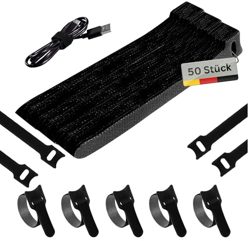 Wiederverwendbare Klettkabelbinder (Schwarz,50 Stück) 250×12mm