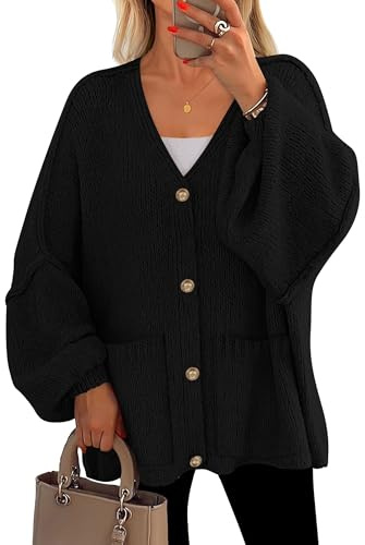 PRETTYGARDEN Fall Chunky Cardigan Sweaters for Women 2026 Button Long Lantern Sleeve Knit Oversized Coats with Pockets(Black,XX-Large)