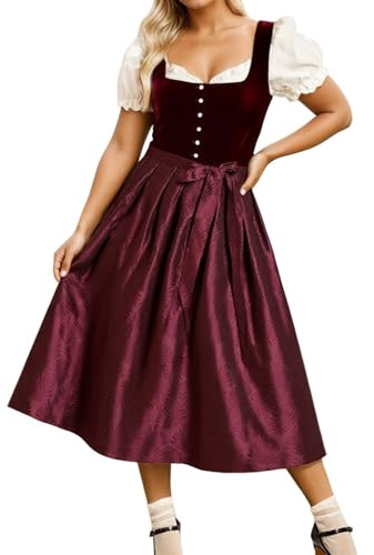 Dirndl Lang mit Knöpfen, Oktoberfest Damen Outfit Dirndl Set 2 Teilig Inkl. Kleid Damen Elegant Festlich a Linie und Dirndlschürzen. Trachtenkleid Modern Dirndl-Komplettsets Dirndlkleid für Bierfest