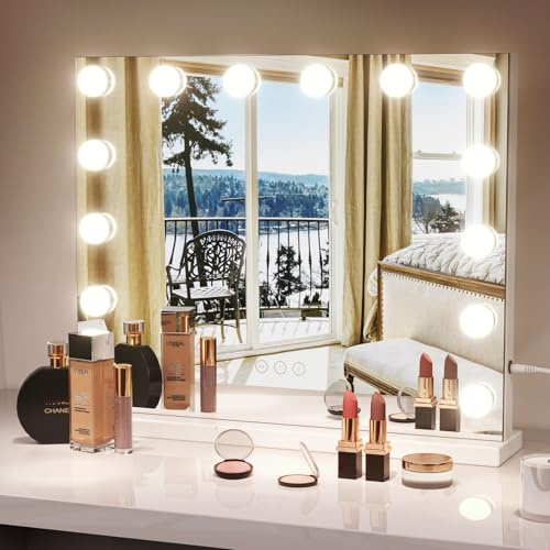 Moziel 50 x 42 cm Espejo Maquillaje con luz, Espejo Tocador Hollywood 14 LED Montado en la Pared o en la Mesa, 3 Colores, Brillo Ajustable, Ideal Baño/Dormitorio