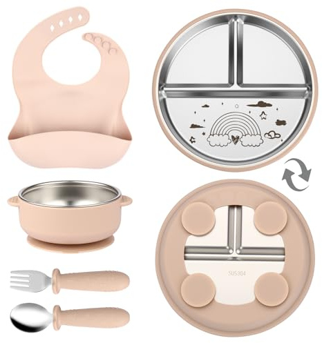 OXYEFEI Edelstahl Teller Baby, Kindergeschirr Set mit Tiermotiven | Baby Teller mit Saugnapf Geburtstagsgeschenke für Babys, Taufgeschenke (Beige, Regenbogen)