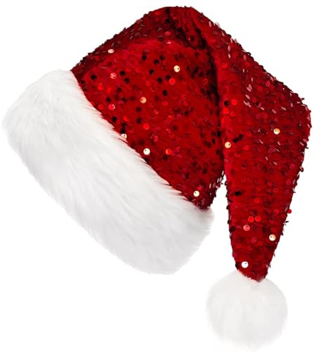 MZinge Luxury Shiny Sequin Plush Santa Hat - Unisex Velvet with Pompom for Xmas Parties