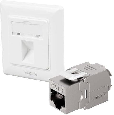 Lumonic Keystone infälld ram inkl. CAT8-modul | 1-port snap-in I Verktygslös Keystone-montering | Standard 55-system | Ethernet upp till 40 Gbit/s AWG22-24 | RJ45 helt skärmad |