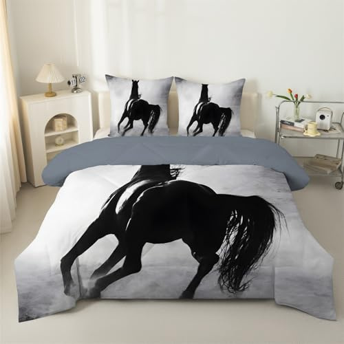buyluhn Piumino completo con cavallo nero, reversibile, per tutte le stagioni, 7,5 tog, elegante, lavabile in lavatrice, per letto estivo e inverno, leggero, 2 federe e T53