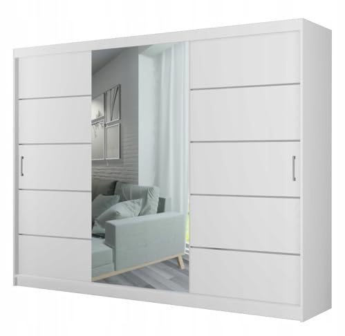 MEBLOHAND Kleiderschrank 245x196 cm mit Spiegel - Garderobenschrank mit Zwei Schiebetüren - Stabiler Schrank für Schlafzimmer, Ankleidezimmer Weiß