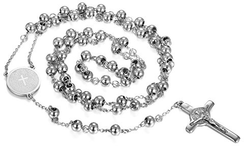 JewelryWe Collar para Mujer, Rosarios Religiosos Collar Colgante para Mujer de Acero Inoxidable, Jesús Cristo Crucifijo Cruz, Vintage Oración Grabada en Español, Cadena de 75cm, Regalos para Navidad