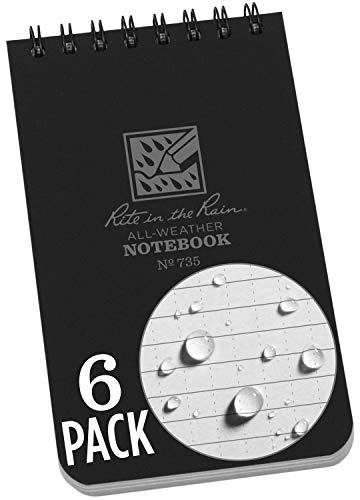 Rite in the Rain Weatherproof Top Spiral Notebook, 3 x 5, Black Cover, Universal Pattern, 6 Pack (No. 735L6)