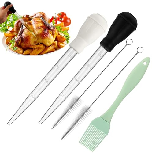 Nylon Heat-Resistant Turkey Baster Cooking Set Includes Meat Baster, 1 Silicone Basting Brush and 2 Cleaning Brush for BBQ Grill Baking Kitchen Cooking (Black White, 5 Pieces)