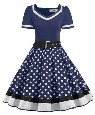 AXOE Damen 50er Jahre Kleider Rockabilly Vintage Festliches mit Abnehmbarer Gürtel A LinieMarineblau Weiß Gepunktet, Gr.46, 3XL