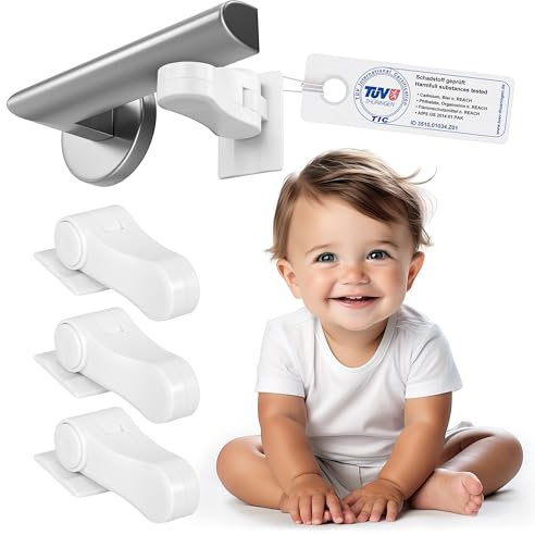 Sweet Safety 4 x TÜV Schadstoff geprüfte Baby Türklinkensicherung in Weiß | Tür Kindersicherung ohne Schrauben & ohne Bohren | Türdrückerschloss Kindersicherung für Türklinken & Türgriffe