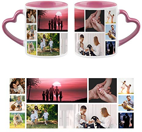 Personalised with Ten Photos/Multi Photo Printed Collage Mug, Novelty, Pink Colour Heart Handle Ceramic Mug, Memorable Gift Ideas for Birthday. (10 Photos)