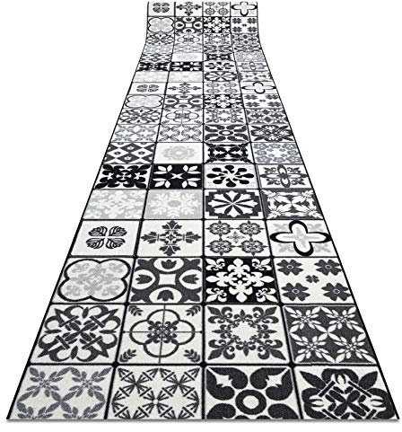 rugsx Antirutsch Teppichläufer AZULEJO - moderner Kurzflor für Küche, Flur & Wohnzimmer, Meterware, grau/schwarz 80x250 cm
