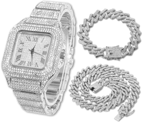 Halukakah Quadratisch Zifferblatt Diamant Golduhr Iced Out, Männer 18k Echtgold/Platin Weißgold Plattiert Quarz Armband 24cm, mit Kubanische-Kette Halskette Armband-Set Optionen, mit Geschenkbox