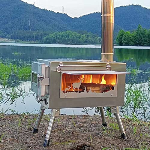 Camping, varm tältspis, vedspis, vedeldad spis, tältspisar, vedeldad med vedeldad ugn, campingvedspis 2 galler och 5 skorstensrör för tält, skydd, uppvärmning, matlagning, 9 kg
