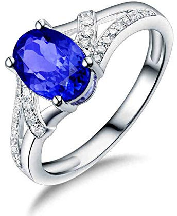 Lieson Eheringe Weißgold 750 18K, Partnerringe Damen Hohl Oval Tansanit 1.16ct mit Diamant 0.13ct Verlobungsring Weißgold Große 51 (16.2)