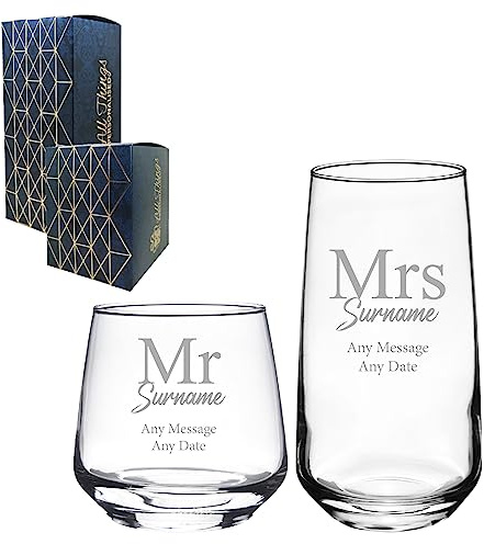 Juego de vasos de whisky y cóctel con grabado personalizado de Mr and Mrs, para boda o aniversario, en caja de regalo, regalo para parejas, fuente clásica, grabado en el Reino Unido
