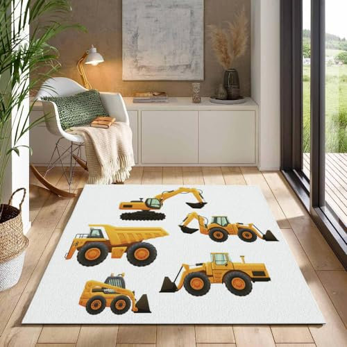 MELABE Cartoon-gelbes Auto Teppiche Gegend, Technische Ausrüstungsfahrzeuge Kleiner Teppich für Wohnzimmer Schlafzimmer Kinderzimmer Büro 100 x 150cm