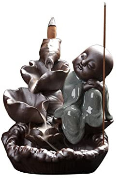 MOOWI Weihrauchbrenner The Little Monk Backflow Incense Burner Ceramic Waterfall Small Buddha Incense Holder Censer Home Office Yoga Decor Buddhist Incense Censer Räucherstäbchenhalter Zen Dekor