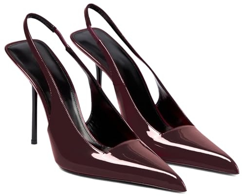 Women's Slingback Stiletto High Heels Pointed Toe Slip On Pumps Shoes Patent Leather Stretch Strap Backless Dress Heels Cherry Red