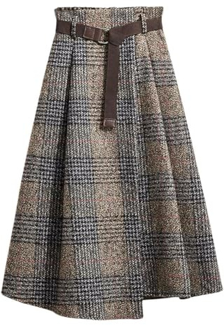 chouyatou Women's Vintage Plaid Wool Blend Midi Skirt Houndstooth A Line Wool Long Skirt with Belt (Large, Gray)