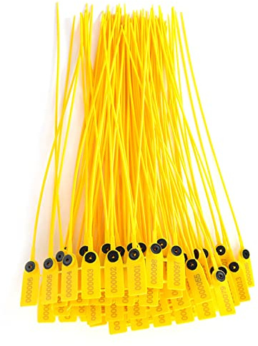 Lot de 100 joints de sécurité en plastique jaune, 40 cm de long numérotés pour sceller les colis, camions et conteneurs de transport, étiquettes inviolables pour des mesures de sécurité améliorées