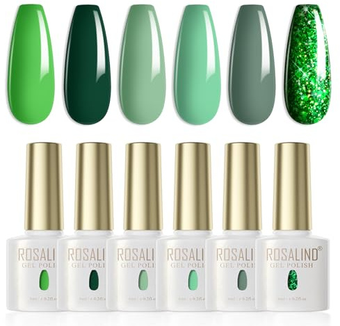 ROSALIND UV-nagellack Grön, 6 färger Glitter Grön Gräsgrön Mörkgrön Sommar Vår Gel Naglar Soak Off UV LED Polish Nagellack för nybörjare Gel Polish Art Salon DIY