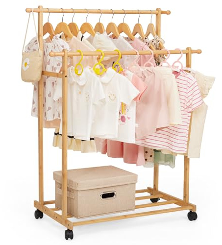Cozivolife Kids Clothing Rack Bamboo with 2 Hanging Rods and 4 Hooks, Kid Dress Up Holder on Wheels, Small Child Garment Hanger for Playroom,Toddlers Bedroom (Natural)