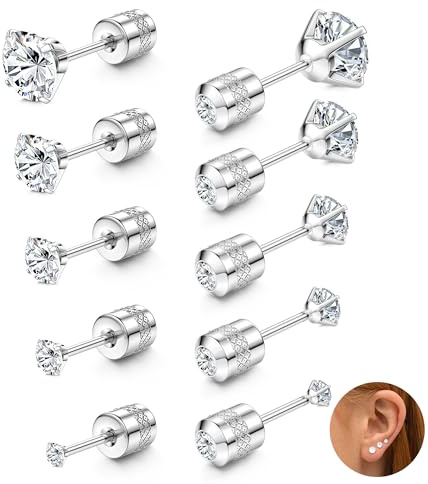 Sllaiss Titan Ohrringe 5 Paar Zirkonia Ohrstecker für Damen Herren Zirkonia Ohrringe mit Schraubverschluss Flachem Ohrringe Titan Ohrstecker 2-6MM Zirkonia Ohrringe Silber