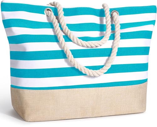 Decmoko Strandtasche Damen, Große Sommertaschen Schulterhandtaschen mit Reißverschluss und Kordelgriff, Familie Beach Tote Bag Handtaschen für Strand, Reisen, Einkaufen, Fitnessstudio, Himmelblau