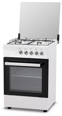 Avilia Cuisinière à gaz avec 4 feux et four inférieur – Plaque de cuisson avec plaque couvre-feu, allumage manuel, avec grilles émaillées, mode électrique pour four, 57 x 57 x 88 cm